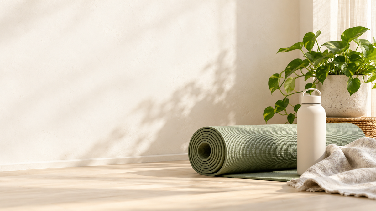 Yoga mat and water bottle in a calm wellness space